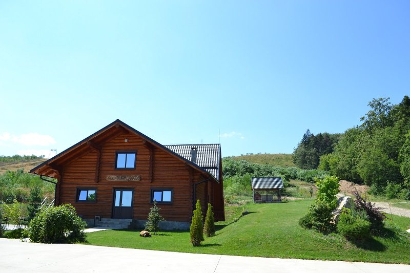 Cabană modernă din lemn, văzută dinspre alee